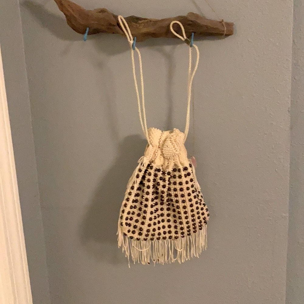 Vintage beaded bag in cream and brown